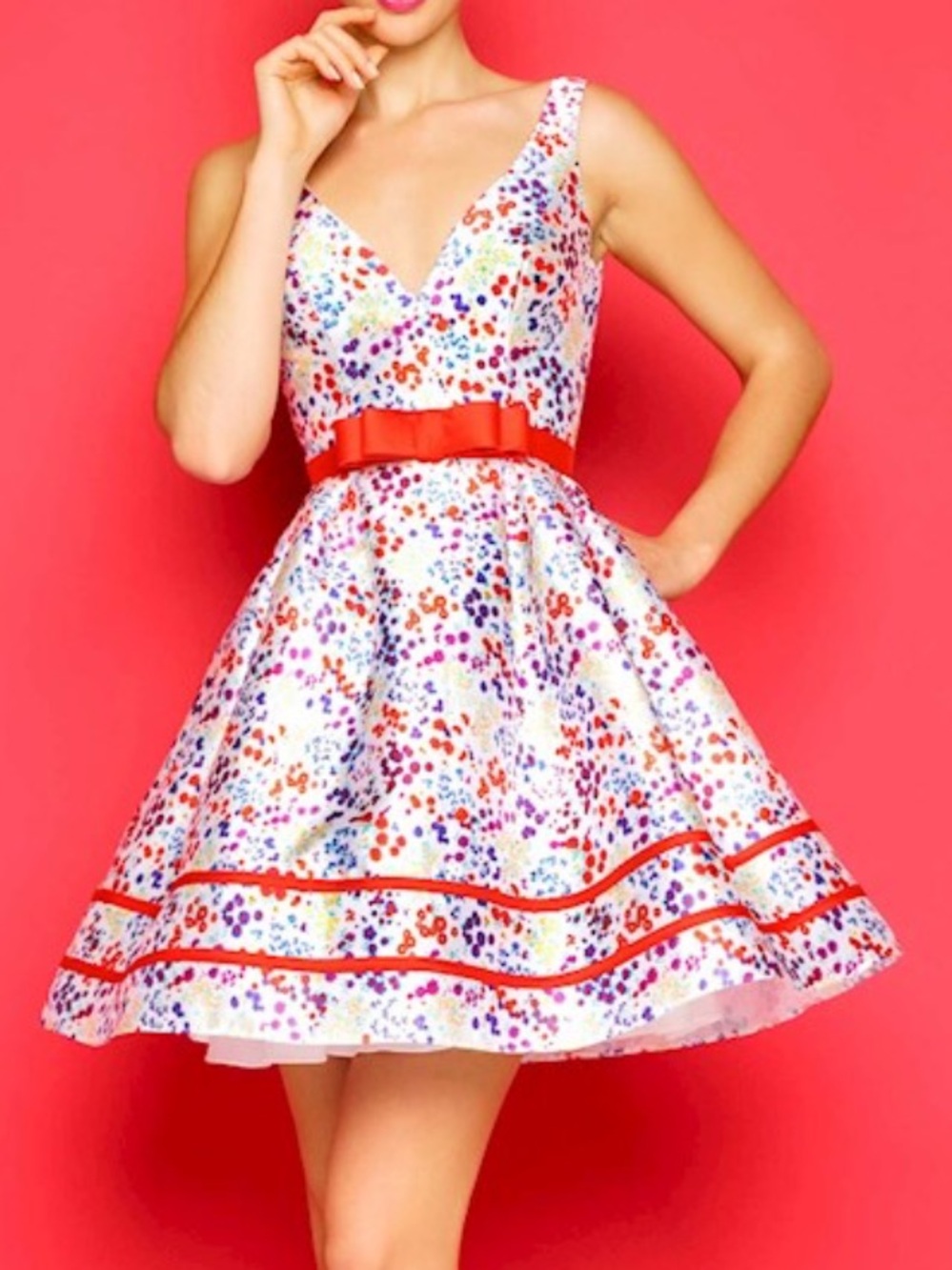 MacDuggal Red Carpet Black Floral Fit-and-Flare Dress with Red Bow, Size 4
